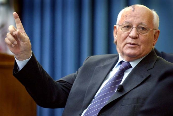 Former Soviet President Mikhail Gorbachev talks about politics and his days in power during a visit to the University of the Pacific McGeorge School of Law in Sacramento, Calif., on Wednesday, Oct. 26, 2005. Gorbachev reminised about the Cold War days with law students and faculty before a scheduled speech at a lecture series later in Sacramento.(AP Photo/Handout Steve Yeater-McGeorge School of Law)
